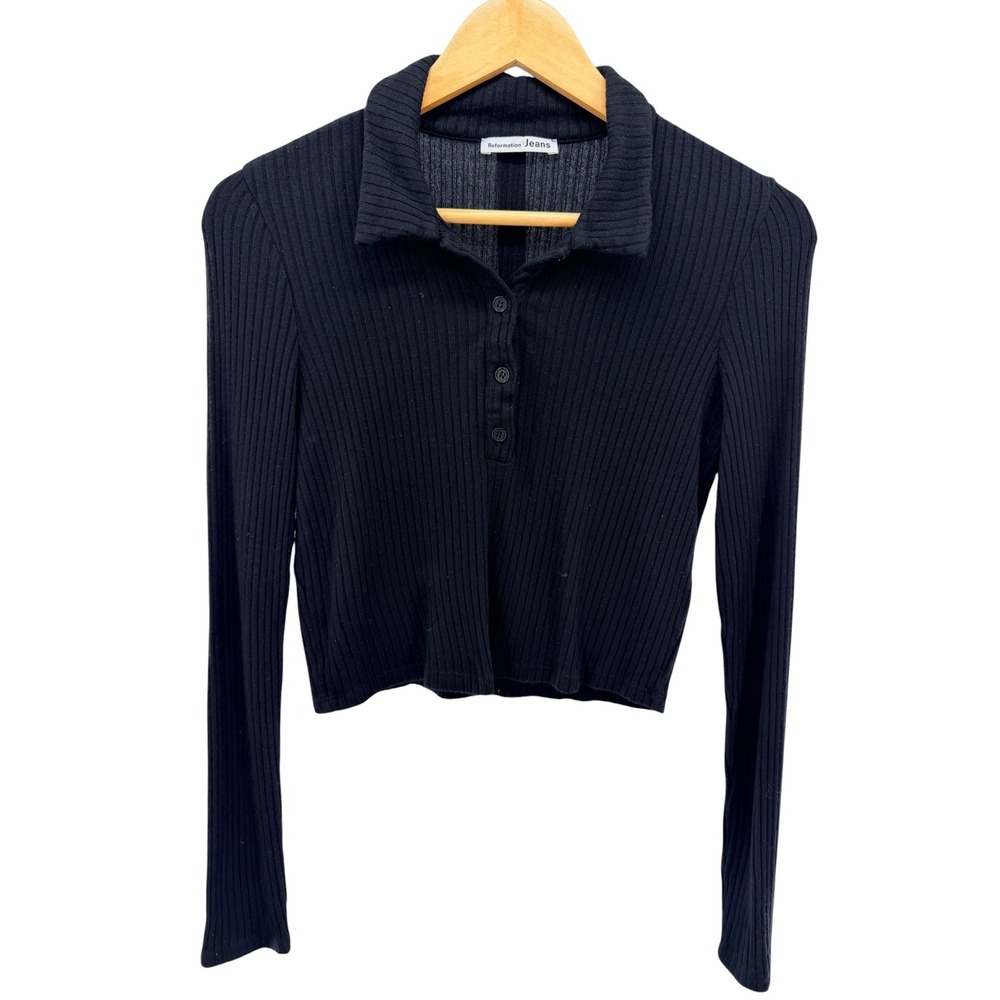 Reformation Jeans Black Ribbed Long Sleeve Polo Henley Cropped Top Small